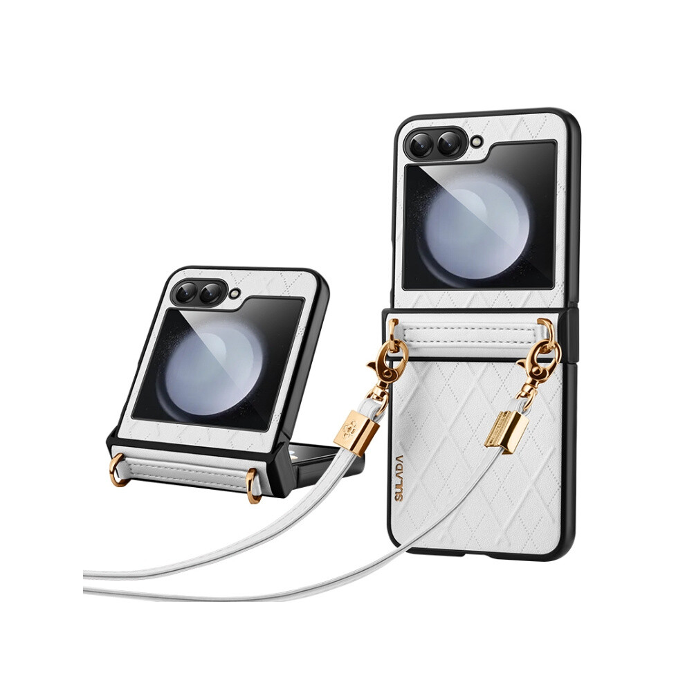 Sulada Miniature Pattern Leather Folding Phone Case With Lanyard (White) Compatible Gift Samsung Galaxy Z Flip3 5G:for Samsung Galaxy Z Flip3 5G White 5207287341047