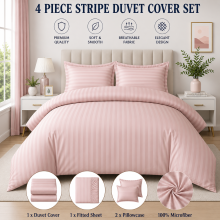 (Super King, Peach) 4PC Stripe Duvet Quilt Cover Luxury Hotel Quality Bedding Set