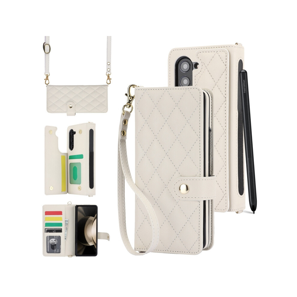 Multi-Functional Crossbody Chanel-Style Leather Phone Case Compatible Gift Samsung Galaxy Z Fold5 (White):For Samsung Galaxy Z Fold5 White 3035171376309