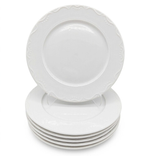 Dinner Plate 4pc Set Porcelain White Embossed Floral Dot Rim 27cm 1