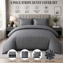 (King, Grey) 4PC Stripe Duvet Quilt Cover Luxury Hotel Quality Bedding Set