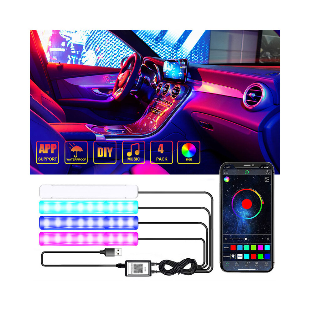 4Pcs Car Rgb Interior Led Strip Lights With App & Music Control, Ambient Atmosphere Lamps Blue 123643755868