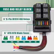 12V Auto Waterproof 6-Relay Box with ATC/ATO Fuse Holder, 5-Pin Relays