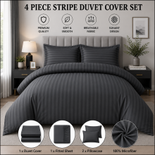 (Super King, Charcoal) 4PC Stripe Duvet Quilt Cover Luxury Hotel Quality Bedding Set
