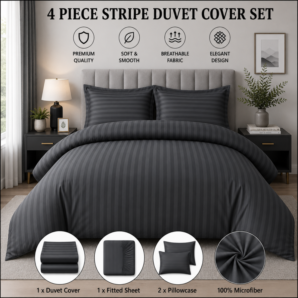 Oxford Homeware (Super King, Charcoal) 4Pc Stripe Duvet Quilt Cover Luxury Hotel Quality Bedding Set Black