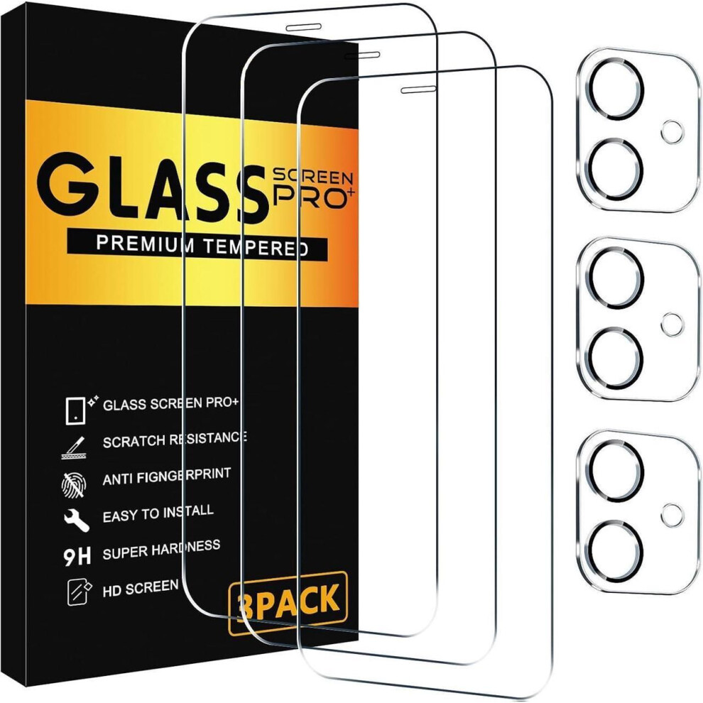 3 Pack Screen Protector For Iphone 12 With 3 Pack Camera Lens Tempered Glass Protector, 6.1 Inch Hd Clear Tempered Glass Film 9H Hardness Full Coverag 609808354102