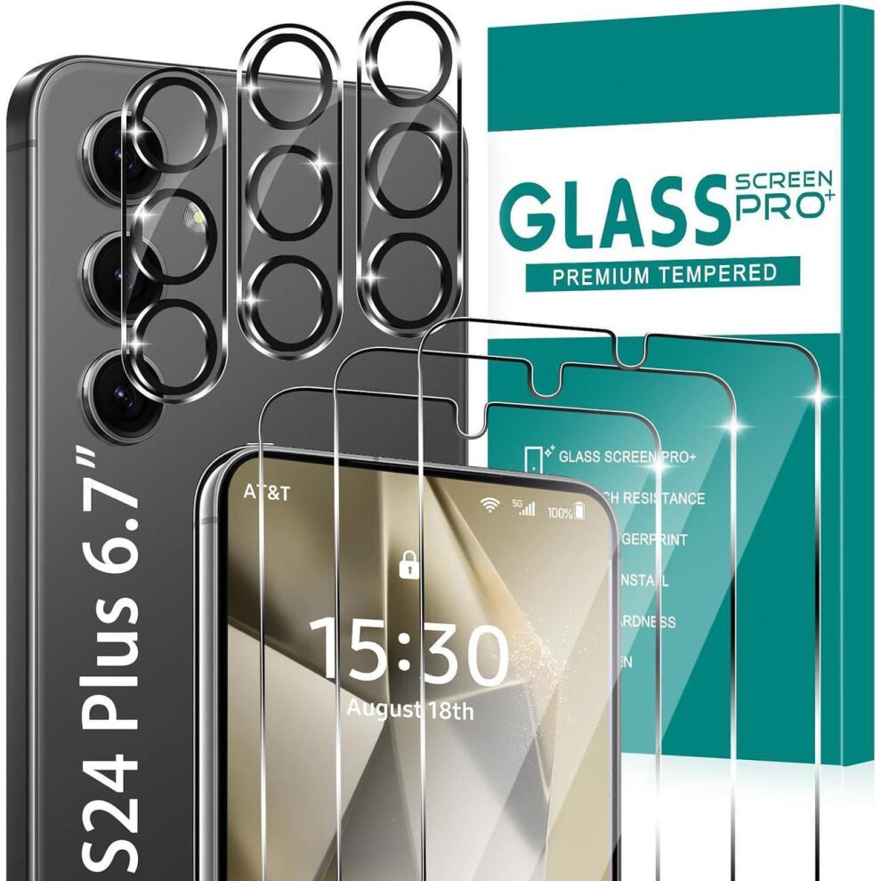 [3+3 Pack] Glass Screen Protector For Samsung Galaxy S24 Plus With Camera Lens Protector, 3D Curved, 6.7 Inch 9H Tempered Glass For Samsung Galaxy S24 609808354034