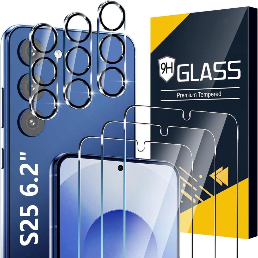 3 Pack Glass Screen Protector For Samsung Galaxy S25 [6.2 Inch] + 3 Pack Camera Lens Protector, 9H Tempered Glass, Fingerprint Unlock, Hd Clear Case F 609808354096