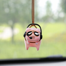 (Funky DJ Pig - Original) Cute Pig Car Accessory Swing Pendant for Auto Rearview Mirror - Birthday Gift
