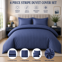 (King, Washed Blue) 4PC Stripe Duvet Quilt Cover Luxury Hotel Quality Bedding Set