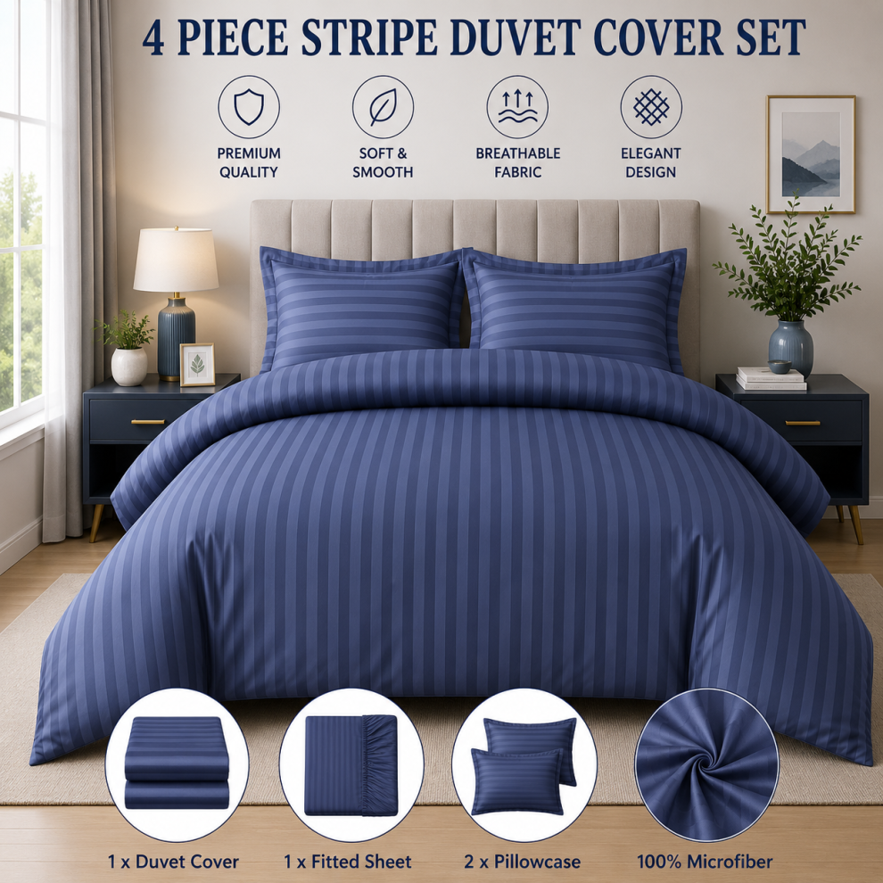 Oxford Homeware (King, Washed ) 4Pc Stripe Duvet Quilt Cover Luxury Hotel Quality Bedding Set Blue