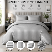 (King, Silver) 4PC Stripe Duvet Quilt Cover Luxury Hotel Quality Bedding Set