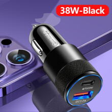 (Black) PD 38W  Charger Adapter QC3.0 18W+PD 20W USB+Type-C Car Phone Charger