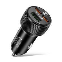 (Black) 15W USB+2 PD Type-C DC 3 Ports Charger Fast Charge Car Charger