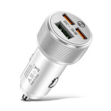 (White) 15W USB+2 PD Type-C DC 3 Ports Charger Fast Charge Car Charger