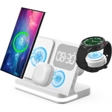 4 in 1 Wireless Charger with Alarm Clock Compatible for Galaxy Watch 7/Ultra/FE/6/5 Pro Galaxy S25/Ultra/S25+/S24/S23/Note 20/Z Flip 6/5 Fold 6/5 Gala