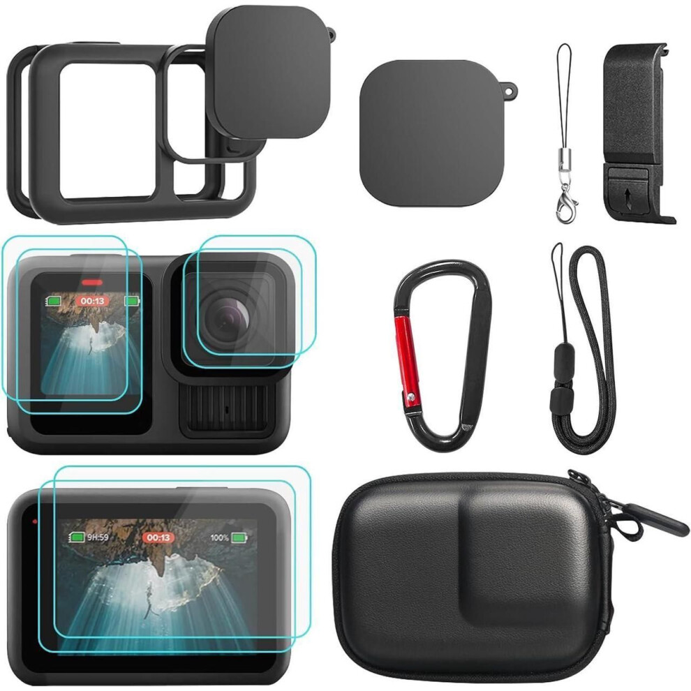 Accessories For Gopro Hero 13 Pu Mini Carrying Case, Silicone Sleeve Rubber Protective Case, Replacement Battery Side Cover, Lens Cap & Screen Black 609808354607