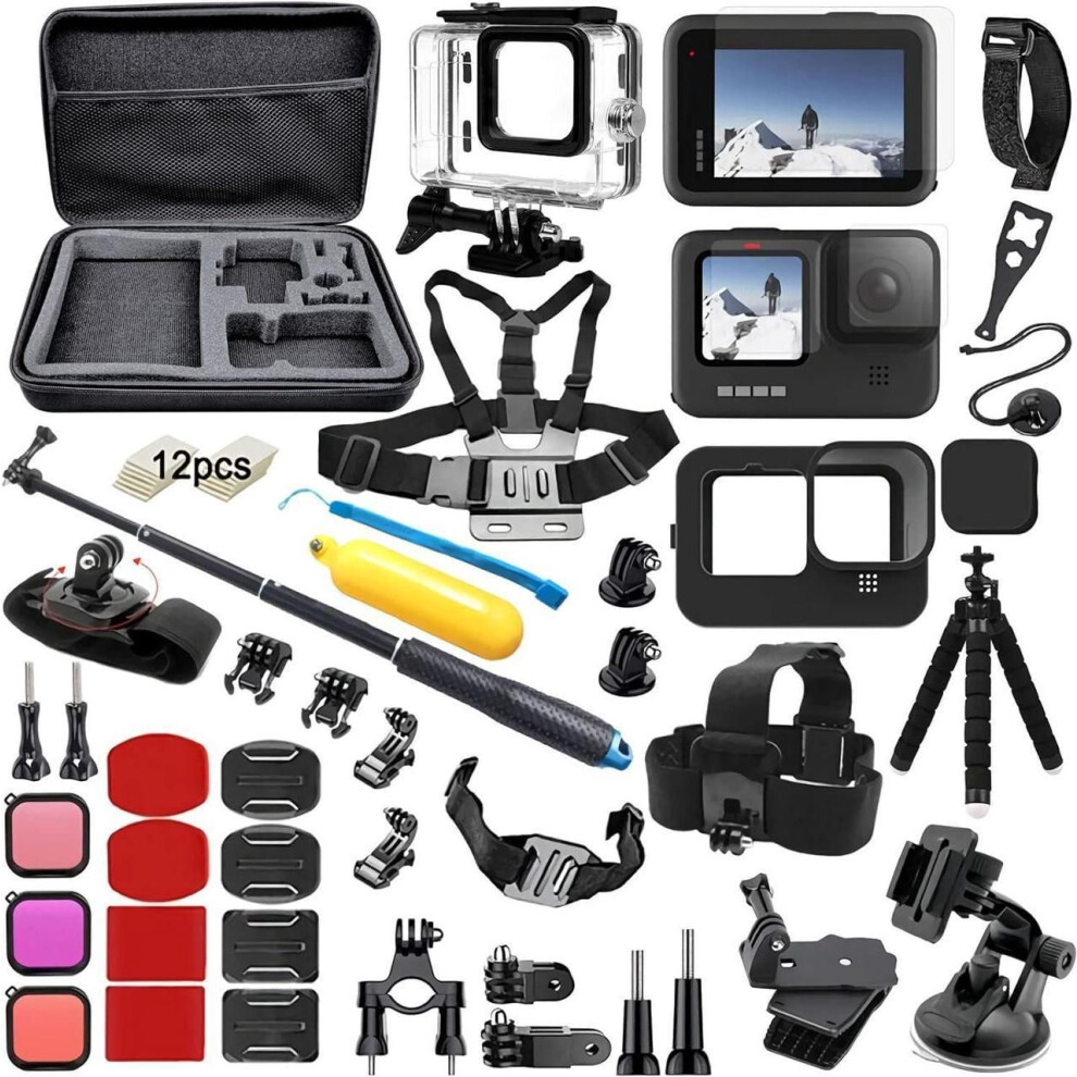 Accessories Kit For Gopro Hero 12 11 10 9 Accessory Bundle Waterproof Housing Case Filter Silicone Protector Lens Screen Tempered Glass Head Che Black 609808389296