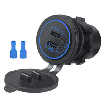 (Blue) Dual PD Type C USB Charger Socket Car USB C Power Waterproof Charge Socket for Car Boat Motorcycle 12-24V