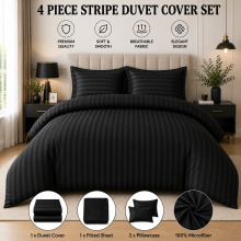 (King, Black) 4PC Stripe Duvet Quilt Cover Luxury Hotel Quality Bedding Set