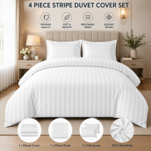 (King, White) 4PC Stripe Duvet Quilt Cover Luxury Hotel Quality Bedding Set