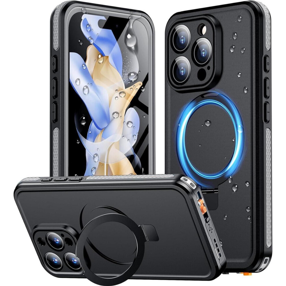 Magnetic For Iphone 16 Pro Case Waterproof, [Built-In Ring Invisible Stand & Screen Protector][Ip68 Underwater][Dropproof][Dustproof][Real 360] Shockp Black 609808390667