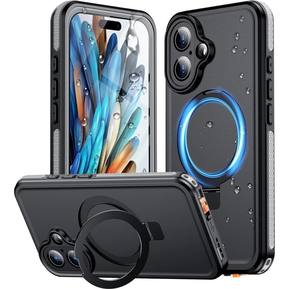 Magnetic For Iphone 16 Plus Case Waterproof, [Built-In Ring Invisible Stand & Screen Protector][Ip68 Underwater][Dropproof][Dustproof][Real 360] Shock Black 609808390674