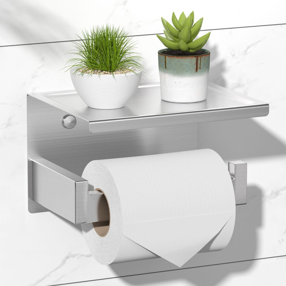 Hitslam Brushed Nickel Toilet Roll Holder With Phone Shelf, Stick On Silver Toilet Paper Holder For Bathroom, Sus 304 Stainless Steel 5051226663468