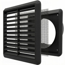 Kair Black Louvred Wall Vent Grille 155mm External Dimension with Flyscreen and Round 125mm