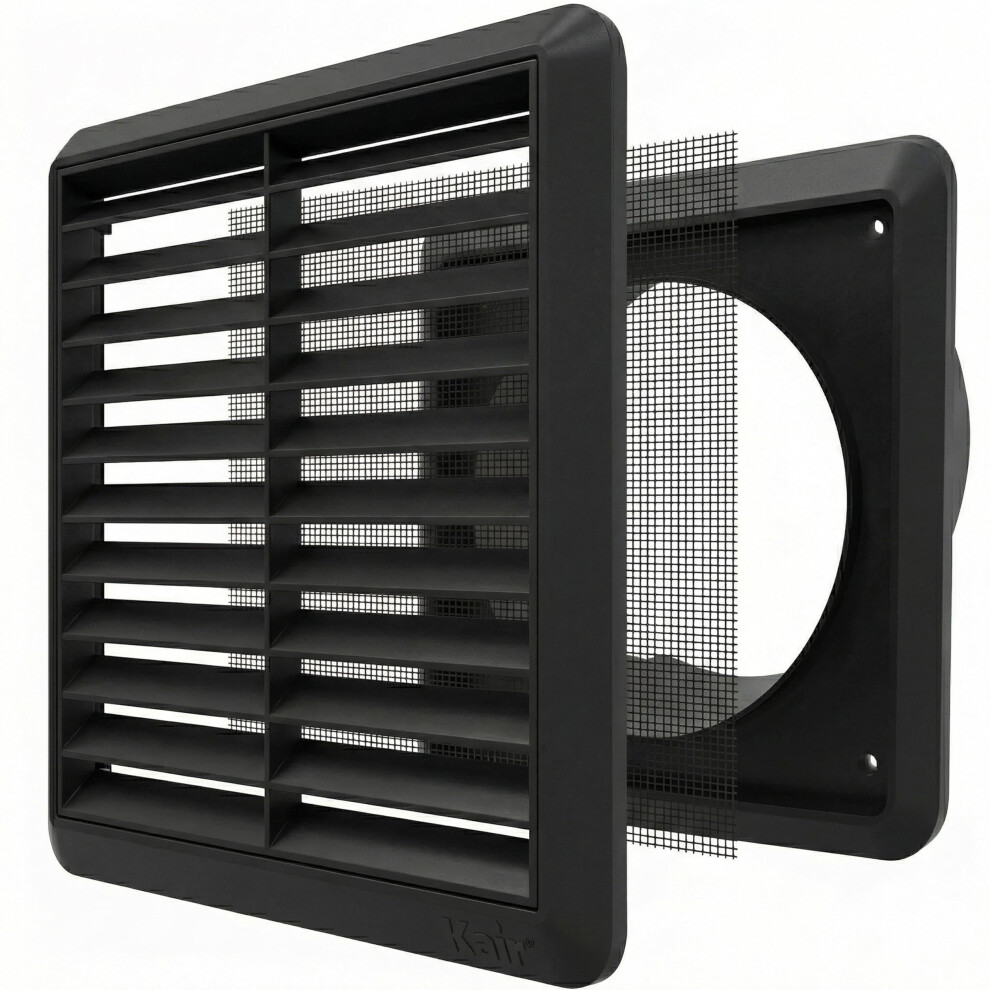 Kair Black Louvred Wall Vent Grille 155Mm External Dimension With Flyscreen And Round 125Mm - 5 Inch Rear Spigot 5051226560002