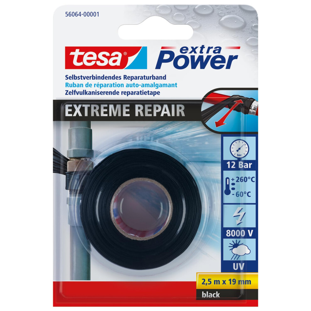 Tesa Extra Power Extreme Repair Tape - Self-Fusing Repair Tape Made Of Silicone For Insulation And Sealing - 2.5 M - Black 5051226568312