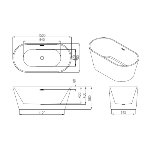 Voda Design Dublin 1500mm Freestanding Double Ended Bath White Waste 1