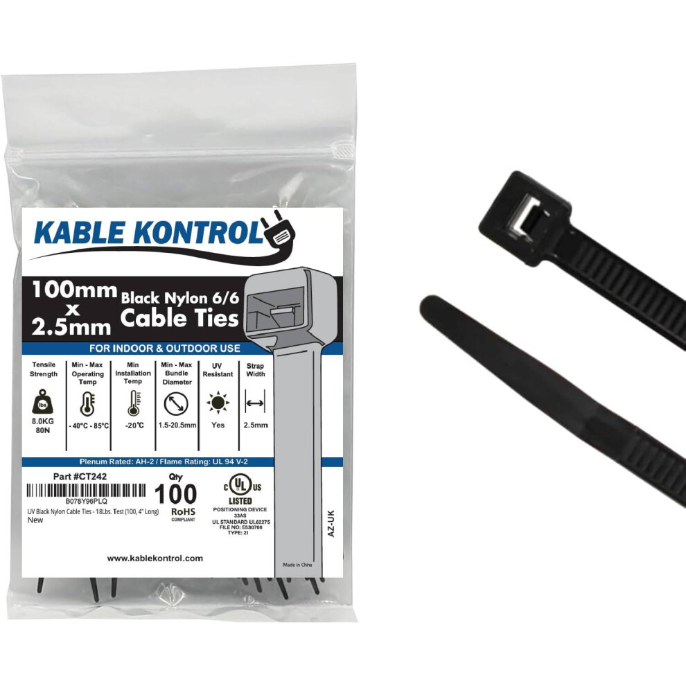 Kable Kontrol Black Cable Ties, 100 Mm X 2.5 Mm, Pack Of 100, 4" Premium Nylon Zip Ties, Multi-Purpose Plastic Tie Wraps 5051226572524