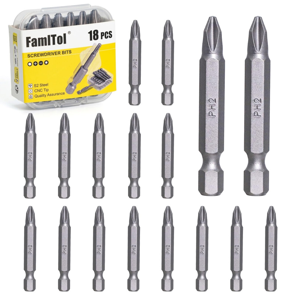 Famltol Screwdriver Bits, Ph2 Bits, Bit Set, Insert Bit, Hardened Steel Cross Head Drill For Construction, Woodworking, And Automotive | 18Pcs 5051226575068