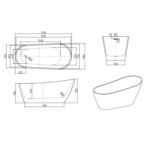 Voda Design Ribble Modern Freestanding Slipper Bath - 1700mm 2