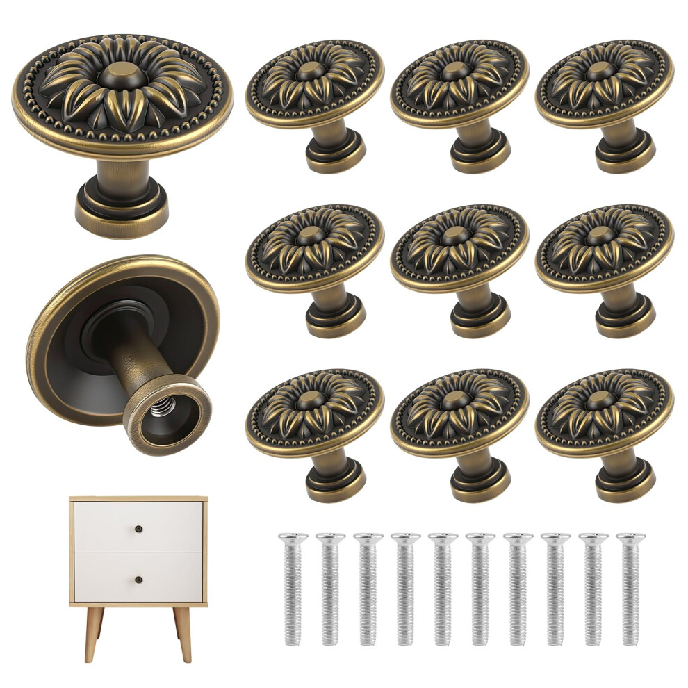 10 Pack Antique Bronzy Cabinet Knobs, Vintage Knobs European-Style Retro Drawer Pulls Bronze Hardware Handle With Screws Set For Cupboard Dresser 5051226575228