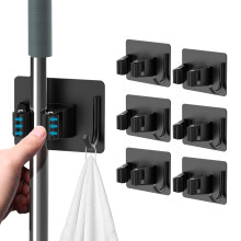 HOMEASY Mop Broom Holder, 6 Pcs Stainless Steel Self Adhesive Mop Holder Wall Mounted with Hooks Hanger Self-Adhesive Broom Holder for Bathroom, Kitc