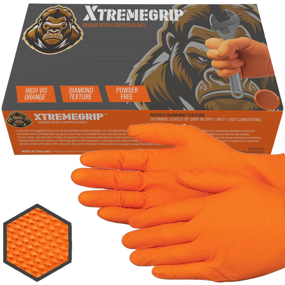 Xtremeauto Nitrile Gloves - Disposable, Diamond Grip Orange, Powder-Free & Latex Free Extra Thick & Strong Mechanics Gloves (1 Box, Medium) 5051226659928