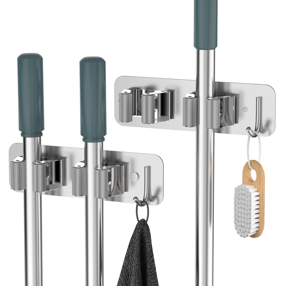 Cosicosy Mop Broom Holder, Sus304 Stainless Steel Mop Holder Wall Mounted 2 Racks With Hook Broom Hanger 2 Pcs Broom Holder Self-Adhesive/Perforated 5051226560941