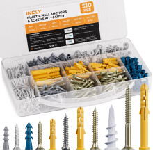 INCLY 510 Pcs Wall Plugs and Screws Set, 255 Plastic Wall Anchors Bolts and 255 Self Tapping Metal Screws