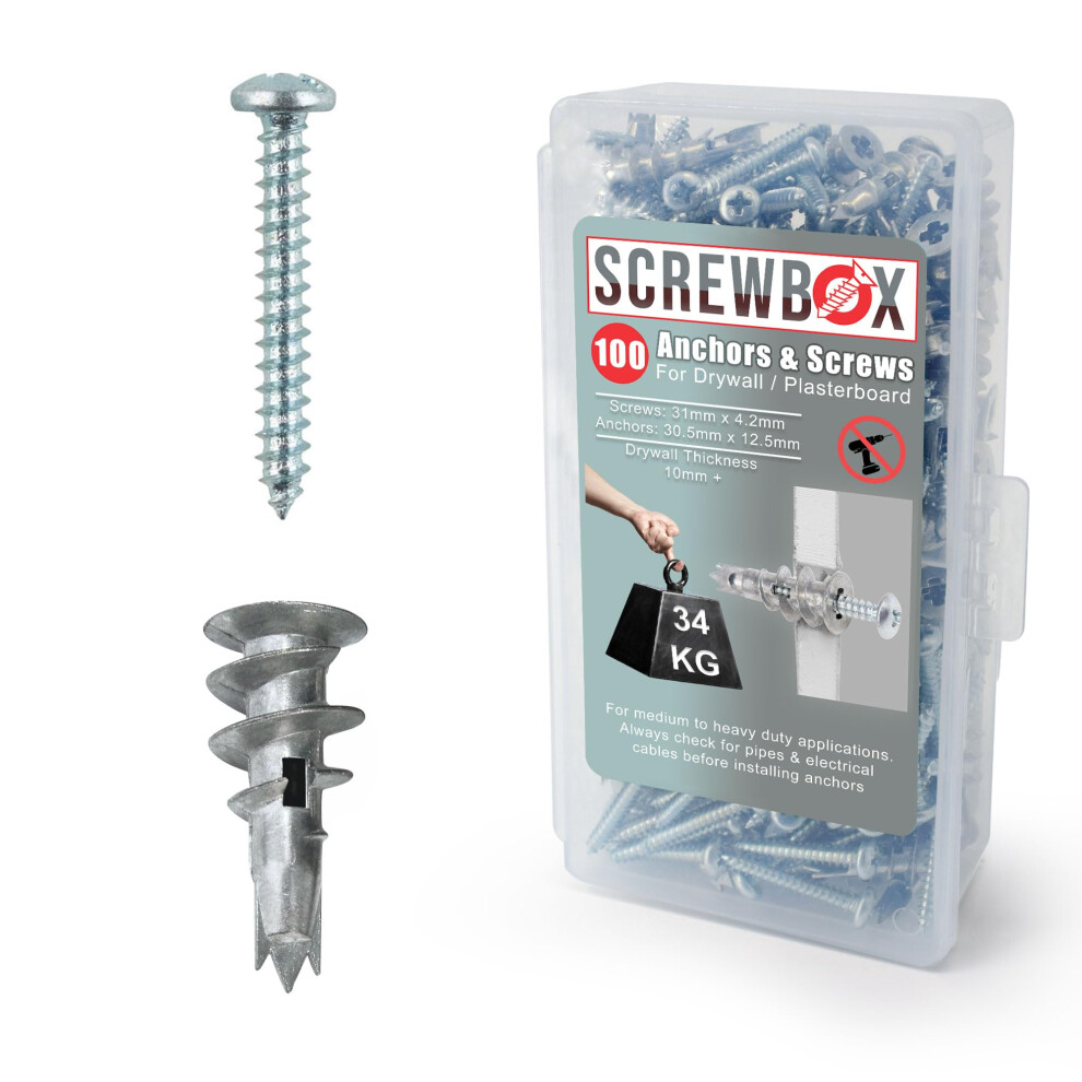 Screwbox Plasterboard Fixings Â 100Pcs Heavy Duty Drywall Anchors & Screws, Metal Self Drilling Wall Plugs For Strong Grip 5051226607486