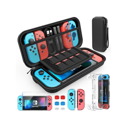 Switch Case Compatible with Nintendo Switch, 9 in 1 Switch Accessories kit with Carrying Case, Dockable Protective Case, HD Screen Protector and 6pcs