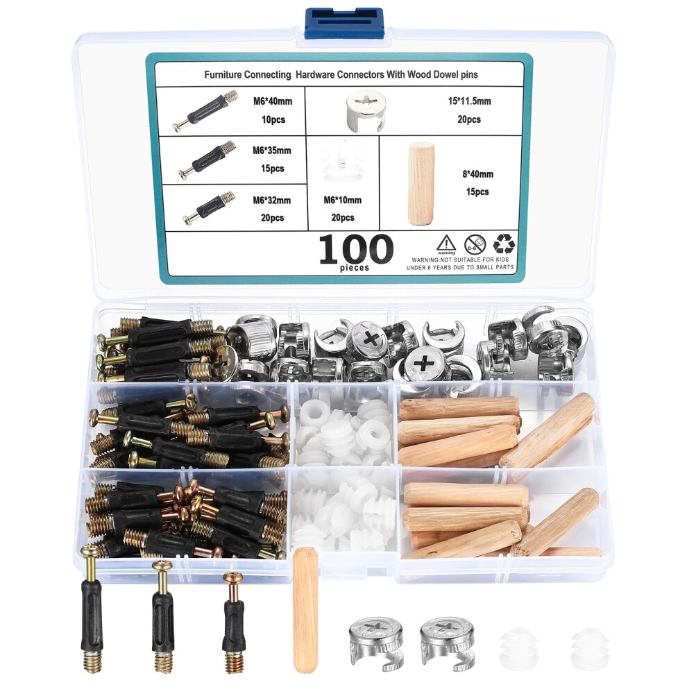 100X 3-In-1 Furniture Connector Hardware Fixings Set, Include Furniture Cam Lock Screw, Eccentric Cam Bolt Nut And Dowel, Pre Inserted Nuts 5051226603631