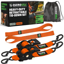 Rhino USA Retractable Ratchet Straps (2-Pack) - 5cm x 3m (1,360kg Break Strength) - Heavy Duty Auto Self-Retracting Tie Down Straps for Truck