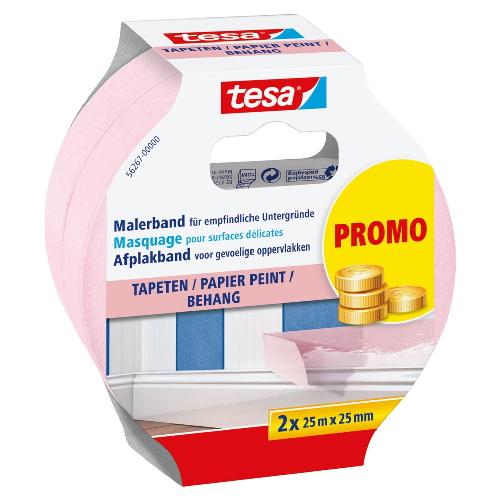 Tesa Masking Tape Wallpaper - Thin Painter's Tape For Precise Masking - Suitable For Sensitive Interior Surfaces - 2X 25 M X 25 Mm - Pink 5051226570070