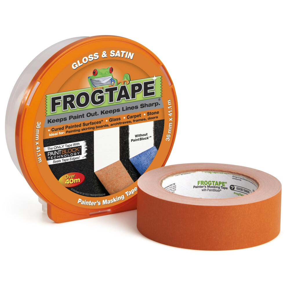 Frog Tape Orange Gloss & Satin Painters Masking Tape 36Mm X 41.1M. Indoor Painting And Decorating For Sharp Lines And No Paint Bleed 5051226555886