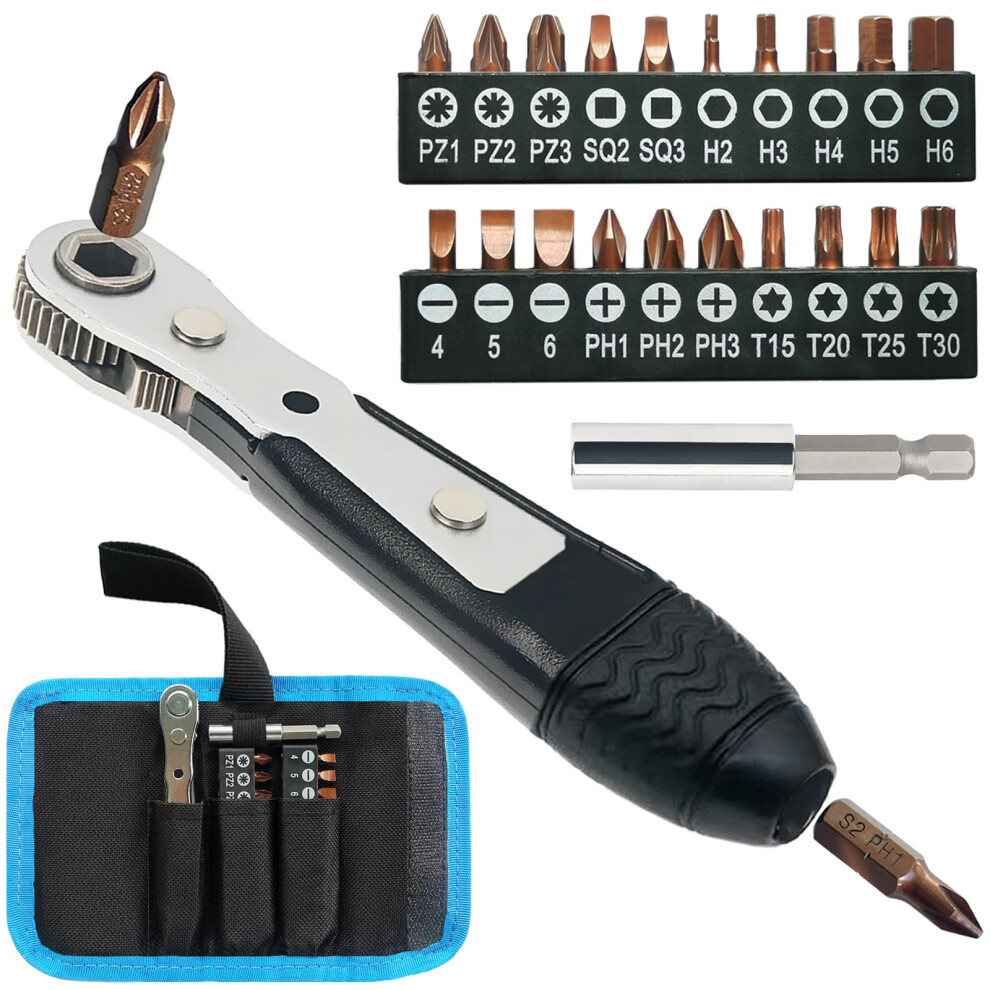 Mini Ratchet Screwdriver Set, Right Angle Screwdriver,Short Offset Screwdrivers With Phillips, Flat, Torx, Hex, Square,Pozidriv S2-Alloy Steel Bits ( 5007138045007