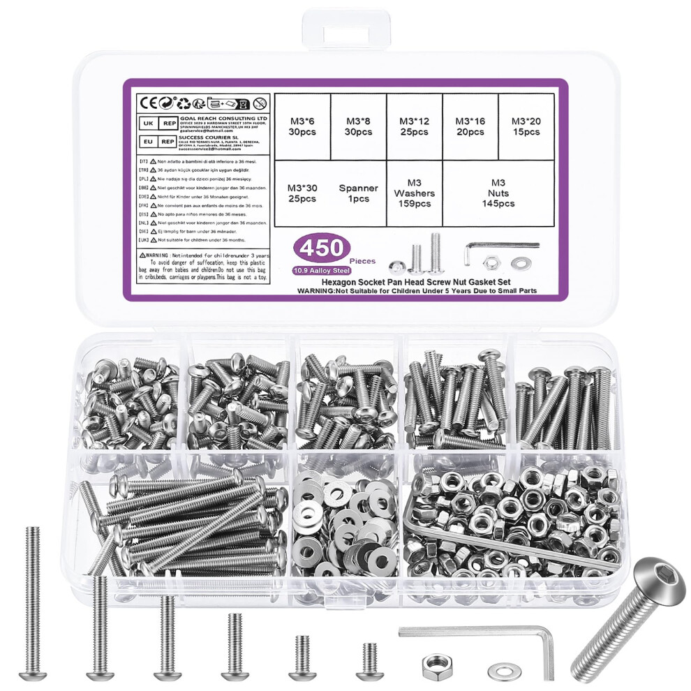 450 Pcs M3 Bolts And Nuts Set, M3 Nuts And Bolts Set, Round Head Hexagon Socket Screws And Washers 5051226617928