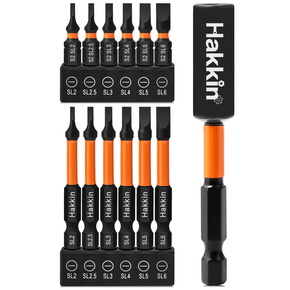 Hakkin 13Pcs Slotted Tip Screwdriver Bits S2 Steel Flat Head Magnetic Screwdriver Bit Set 60Mm 25Mm 1/4Â Hex Shank Screwdriver Bit With 75Mm Bit Hol 5005725230614