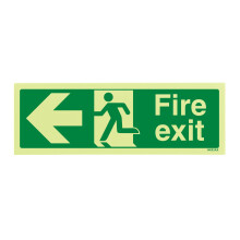 V Safety Glow in the Dark Fire Exit Sign with Left Arrow – 300 x 100mm Rigid Plastic – Emergency Escape Route Sign – ISO 7010 Compliant